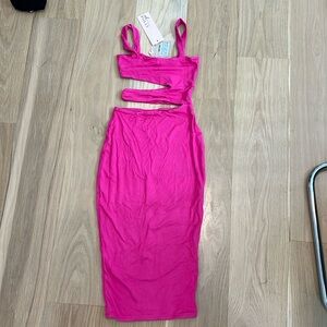Hot Pink cut out asymmetric midi dress Oh Polly